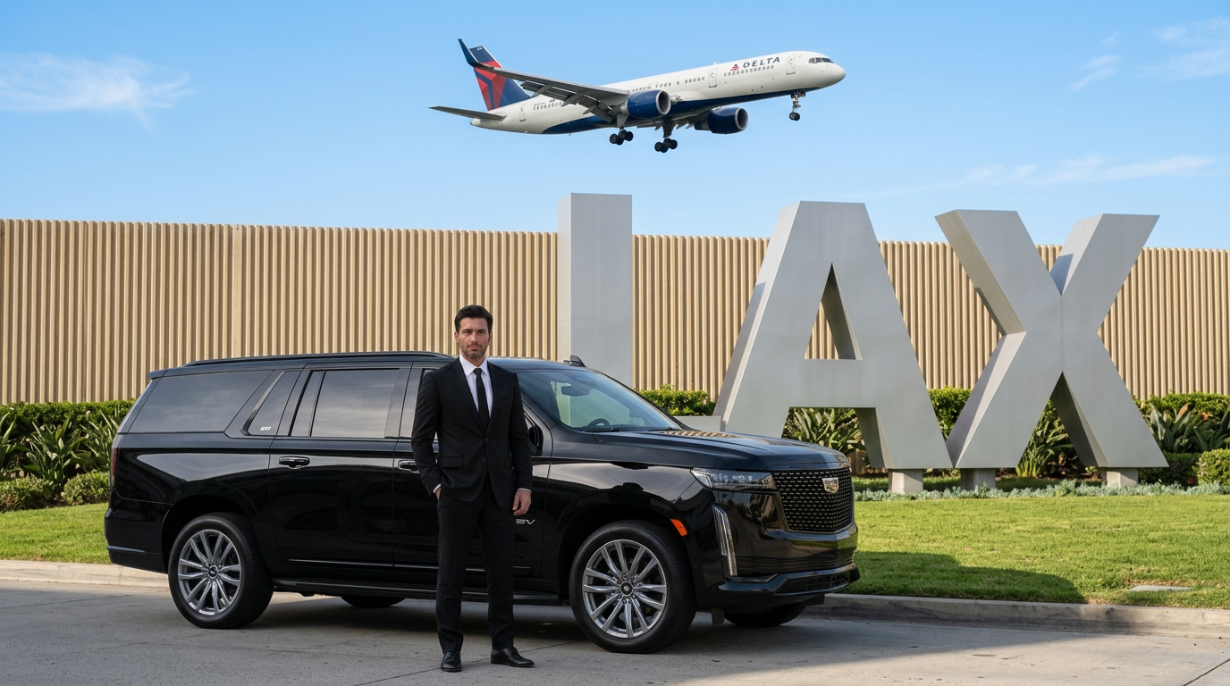 Professional chauffeur in a black suit, white dress shirt and black tie beside a black Cadillac Escalade ESV at LAX