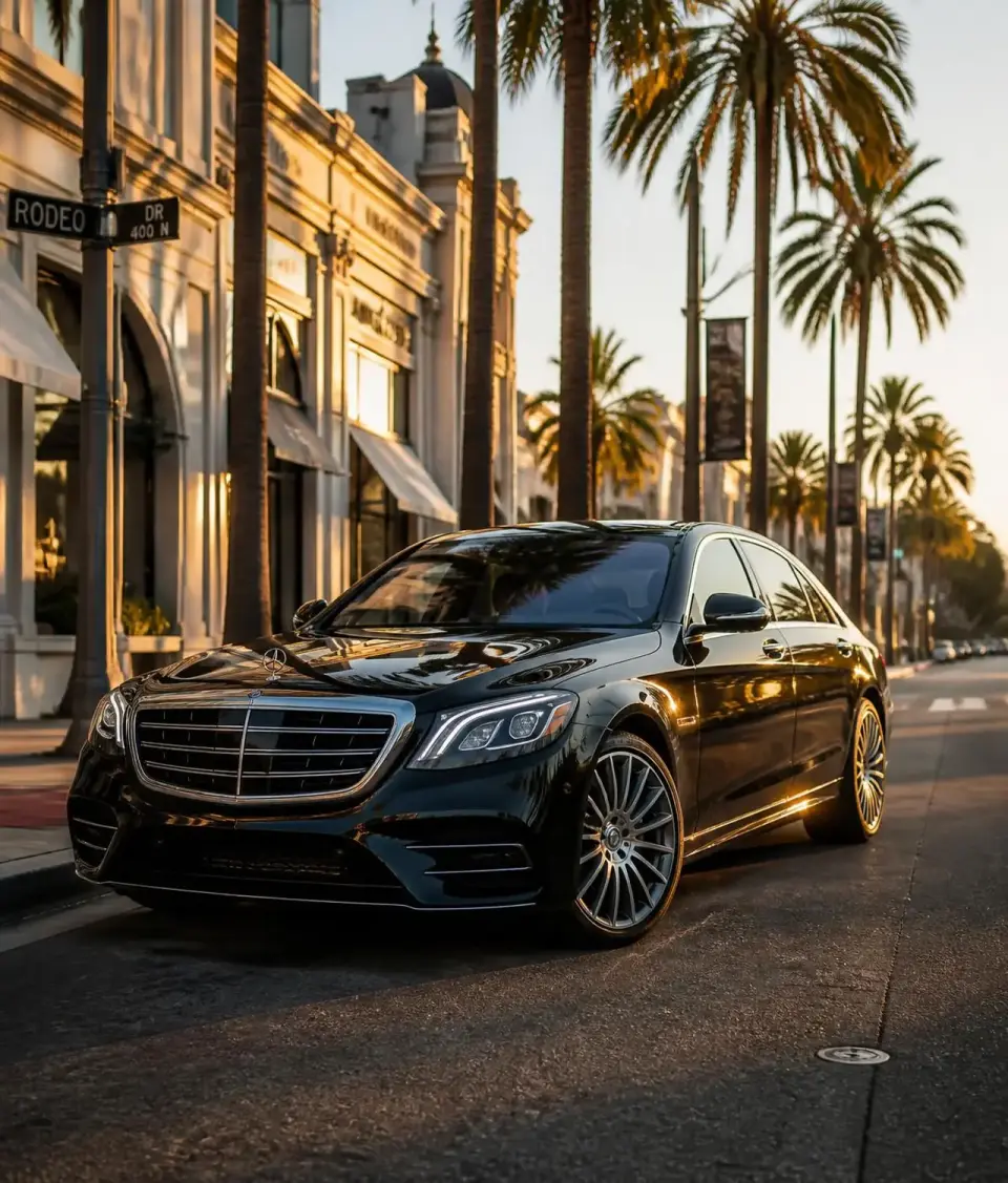 Black chauffeured luxury sedan on a palm-lined Beverly Hills street