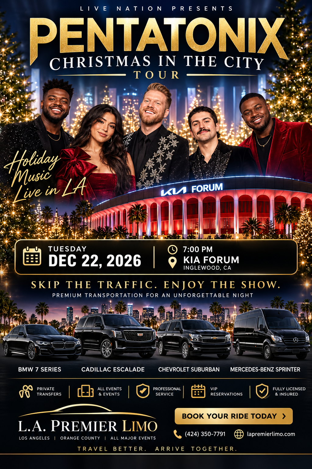 Pentatonix Christmas in the City Tour flyer — Tuesday December 22, 2026, 7:00 PM at the Kia Forum in Inglewood, with the L.A. Premier Limo fleet
