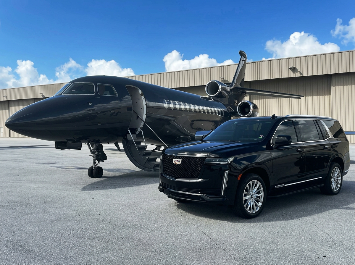 Black Cadillac Escalade beside a private jet for Los Angeles FBO chauffeur service